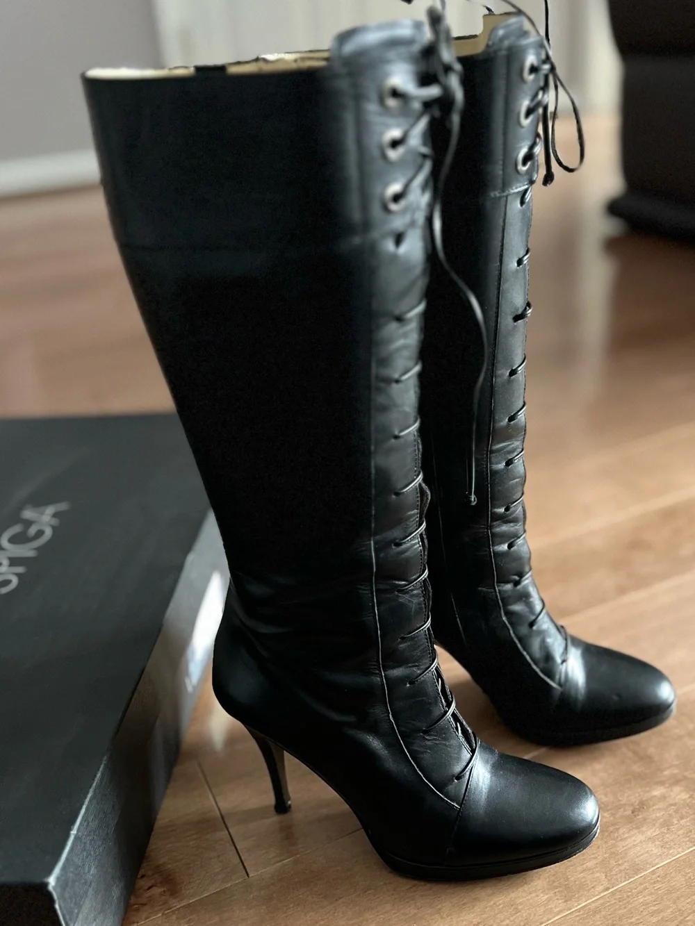 Via Spiga Made in Italy Black Leather Lace Up Stiletto High Heel Knee Boots 7M